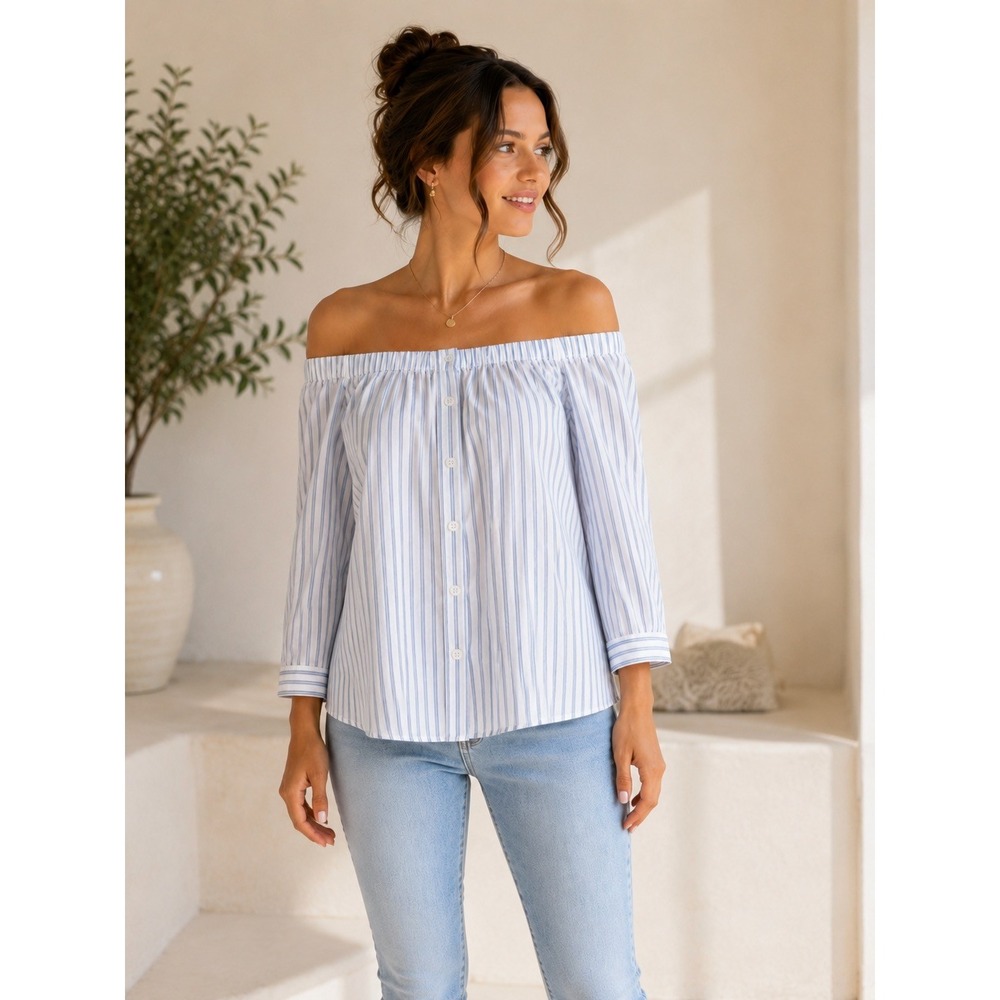 Reformation Boho Womens Blue White Striped Off The Shoulder Button Front Top S